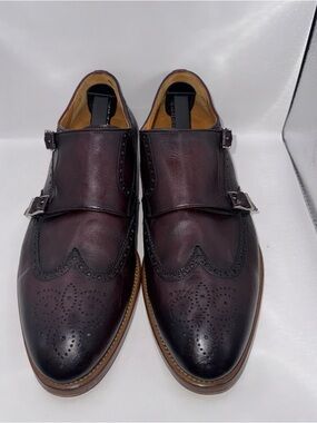 Men's Burgundy Double Monk Brogue Leather Shoes